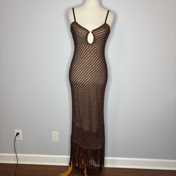 Meshki - Brown Metallic Knit Fringe Midi Dress - Picture 2 of 5